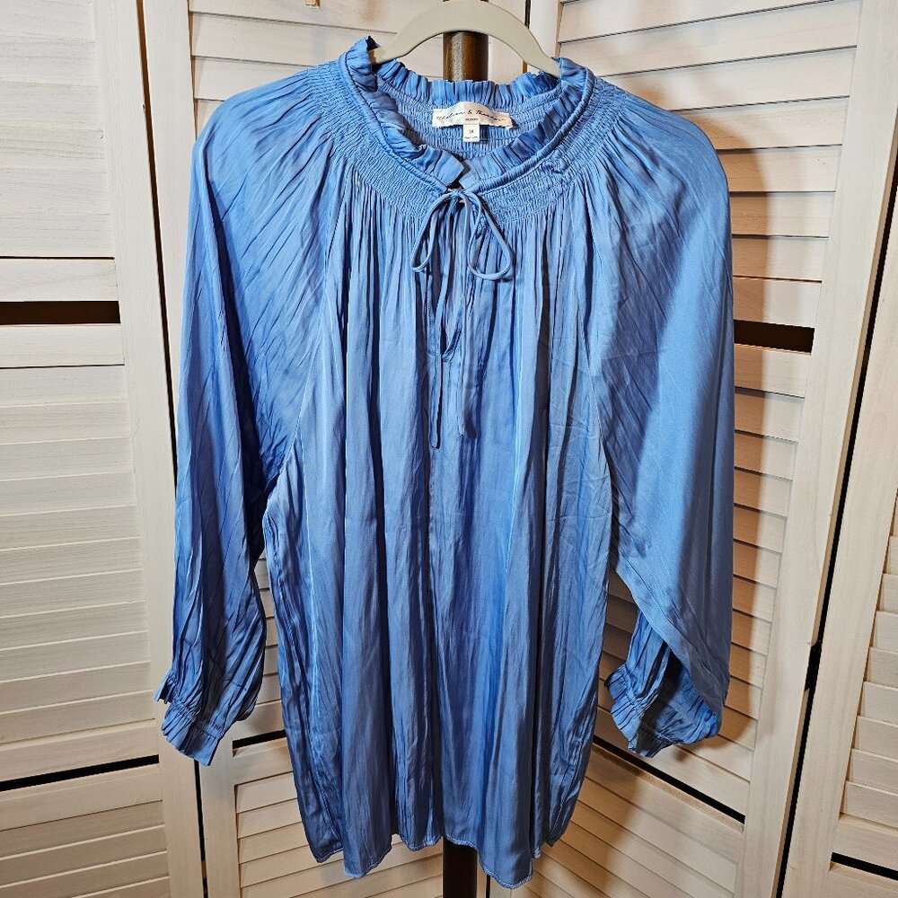 Chelsea & Theodore, Plus Size 3X, Ruffle Collar, Blue, Blouse, Dressy